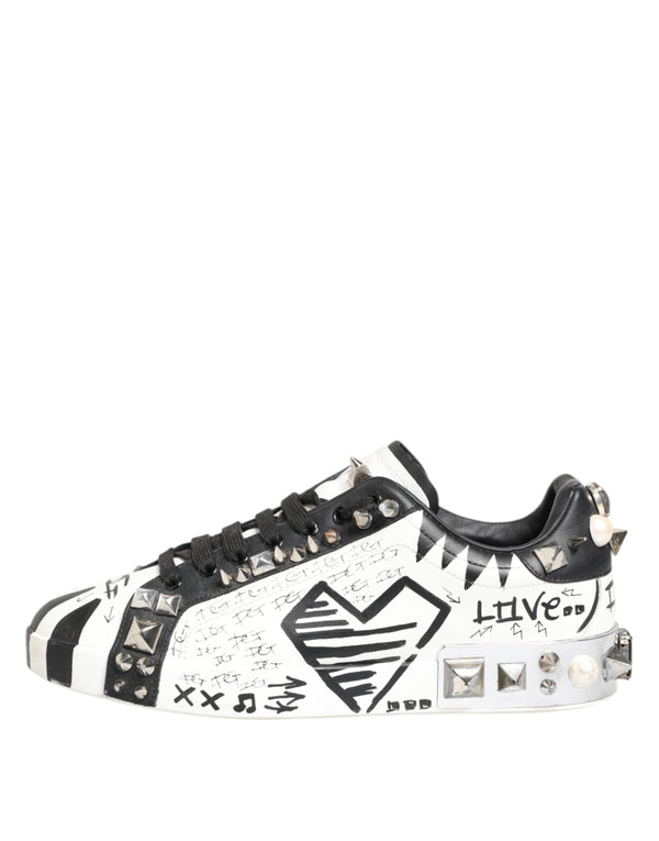 Dolce & Gabbana White Studded Printed Low Top Sneakers Shoes