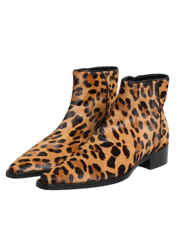 Dolce & Gabbana Brown Leopard Calf Fur Ankle Boots Shoes