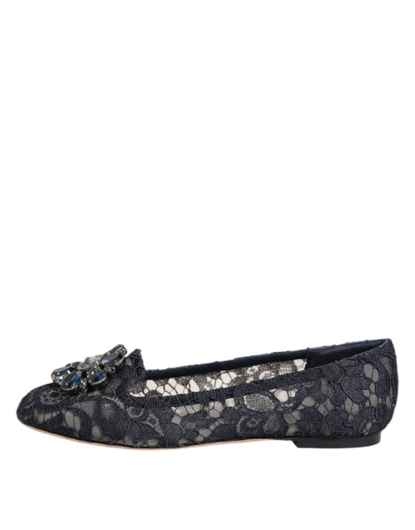 Dolce & Gabbana Blue Taormina Lace Crystals Flats Shoes