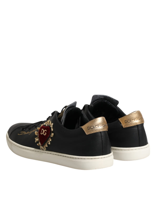 Dolce & Gabbana Black Leather Sacred Heart Sneakers Shoes