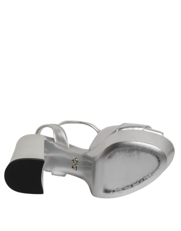 Dolce & Gabbana Silver Logo Ankle Strap Heels Sandals Shoes