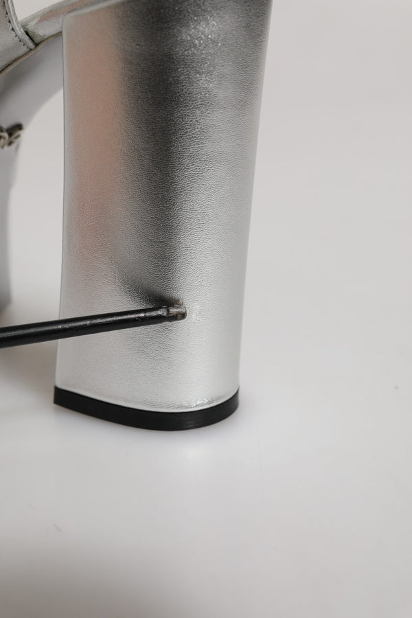 Dolce & Gabbana Silver Logo Ankle Strap Heels Sandals Shoes