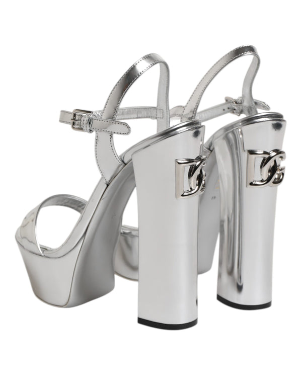 Dolce & Gabbana Silver Leather Platform Keira Sandals Shoes
