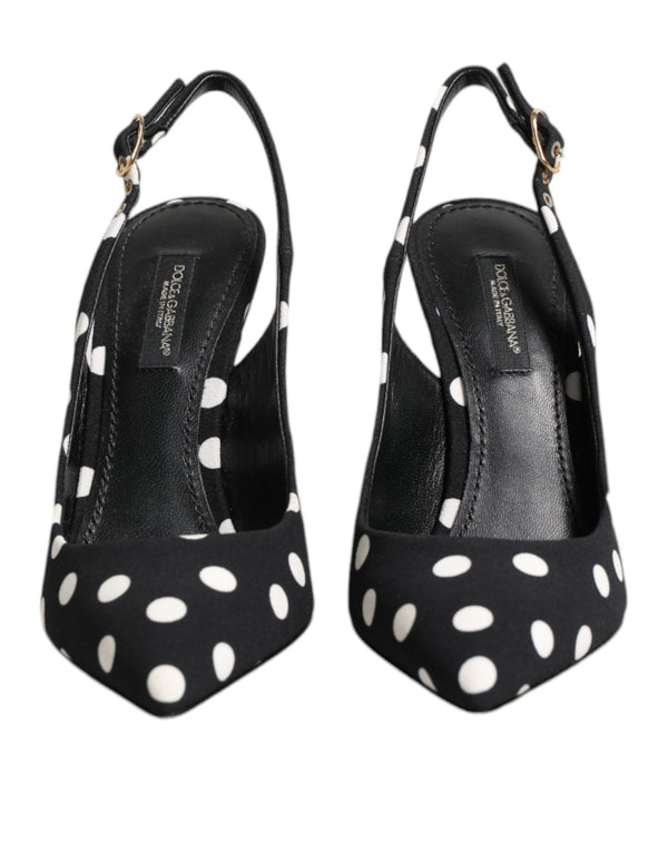 Dolce & Gabbana Black White Dotted Stiletto Slingback Shoes