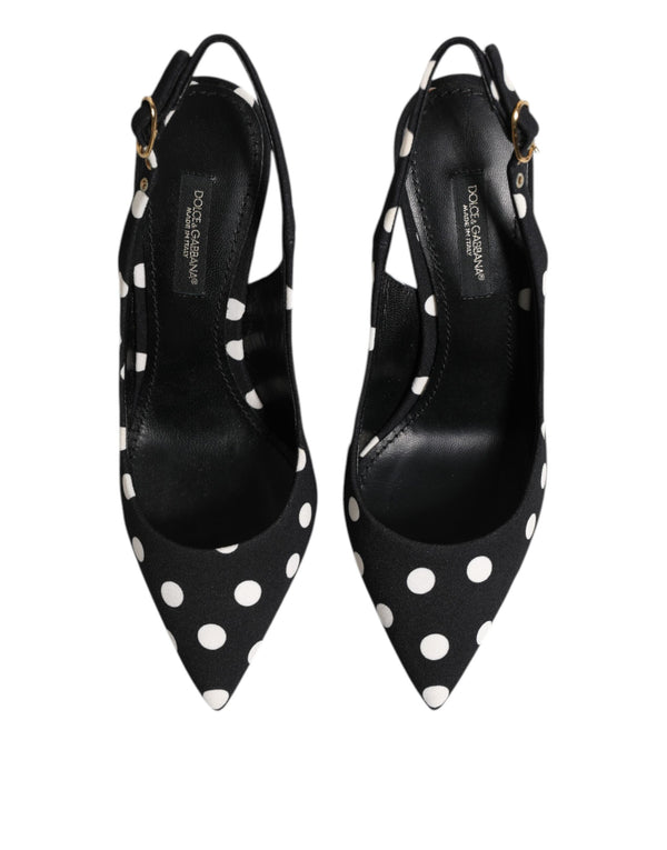 Dolce & Gabbana Black White Dotted Stiletto Slingback Shoes