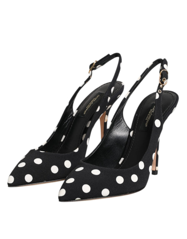 Dolce & Gabbana Black White Dotted Stiletto Slingback Shoes