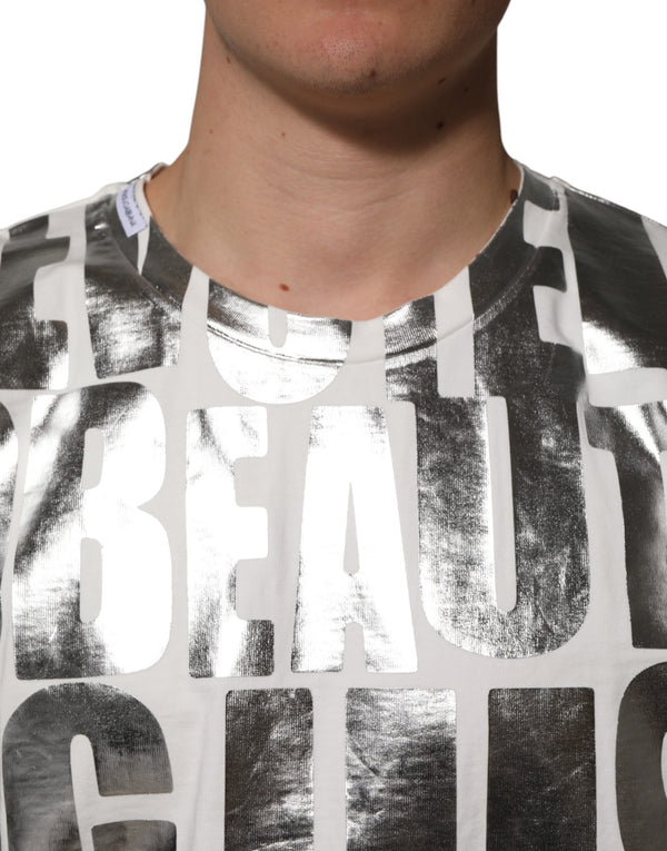 Dolce & Gabbana White Cotton Silver Metallic Slogan Print T-shirt