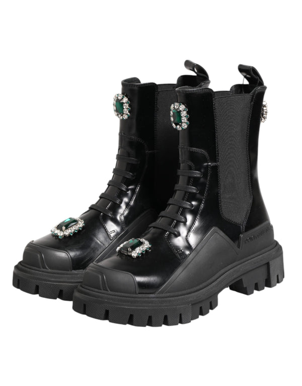 Dolce & Gabbana Black Crystal Embellished Combat Boots Shoes