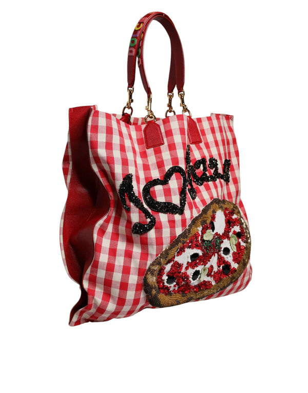 Dolce & Gabbana Red I Love Pizza Rhinestone Embellished Tote Bag