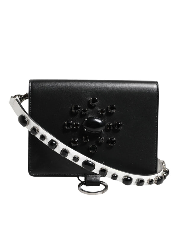 Dolce & Gabbana Black Leather Crystal Embellished Card Holder Wallet