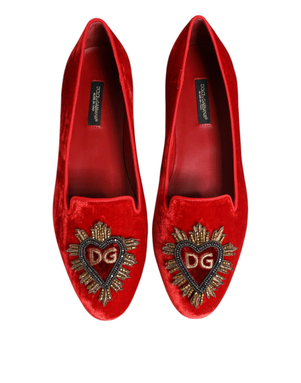 Dolce & Gabbana Red Velvet DG Heart Loafers Flat Shoes