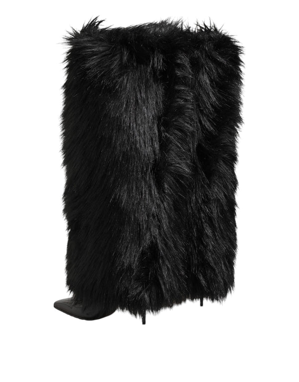 Dolce & Gabbana Black Faux Fur Pointed Knee High Stiletto Boots Shoes