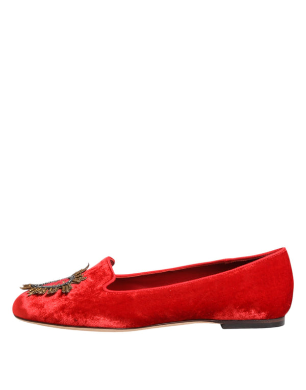 Dolce & Gabbana Red Velvet DG Heart Loafers Flats Shoes