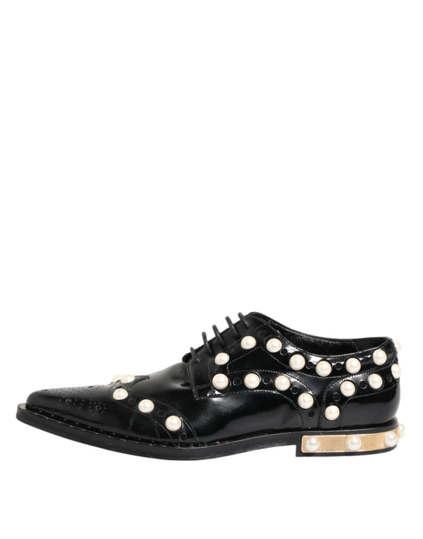 Dolce & Gabbana Black Leather Faux Pearl Dress Broque Shoes