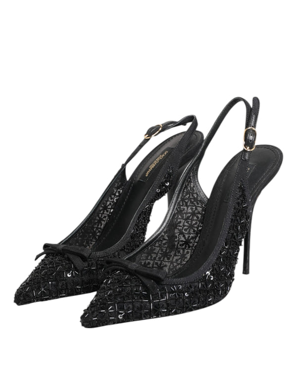 Dolce & Gabbana Black Tulle Ricamo Heels Slingbacks Shoes