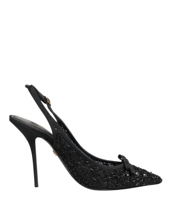 Dolce & Gabbana Black Tulle Ricamo Heels Slingbacks Shoes