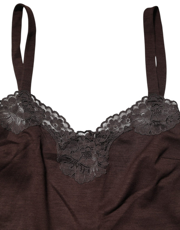 Dolce & Gabbana Dark Brown Lace Trim Wool Sleeveless Tank Top