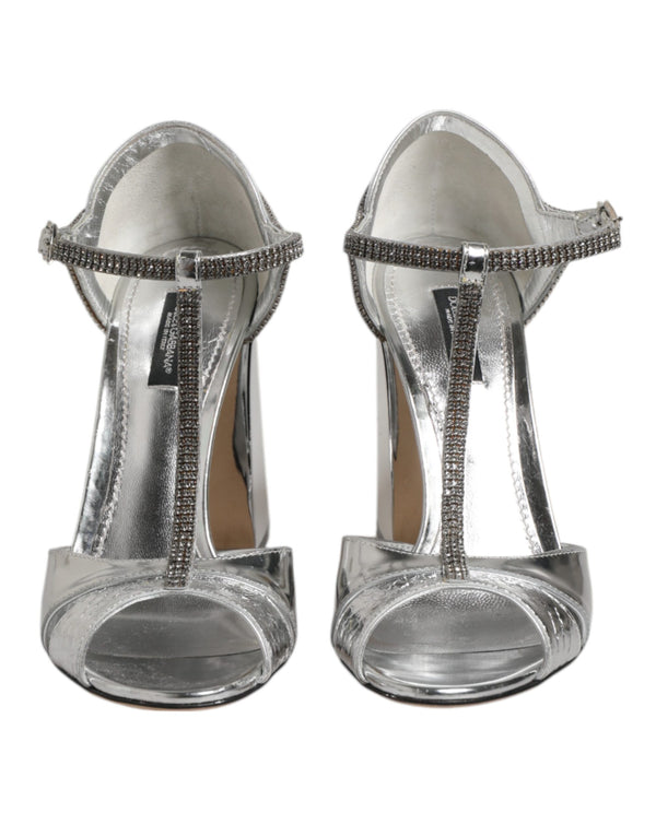 Dolce & Gabbana Silver Leather T-strap Heels Sandals Shoes