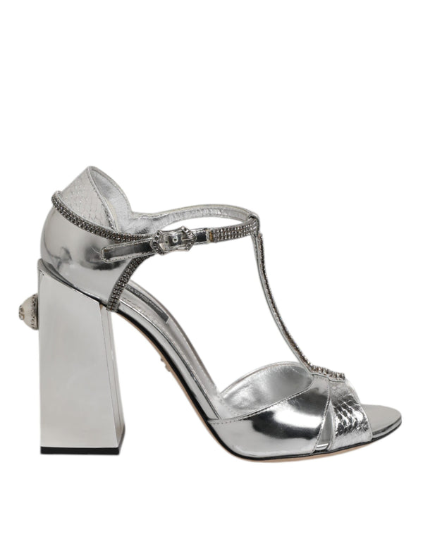 Dolce & Gabbana Silver Leather T-strap Heels Sandals Shoes