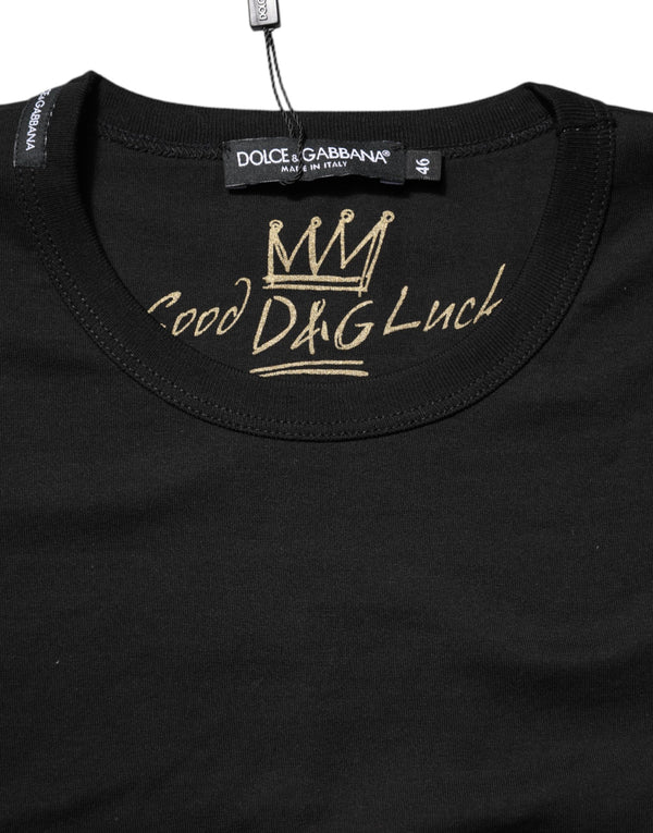 Dolce & Gabbana Black Cotton Goodluck Tee Crew Neck T-shirt