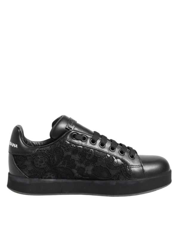 Dolce & Gabbana Black Floral Lace Low Top Sneakers Shoes