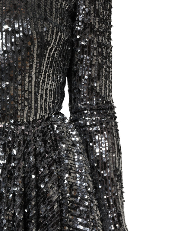 Dolce & Gabbana Black Sequined Long Sleeves Midi A-line  Dress