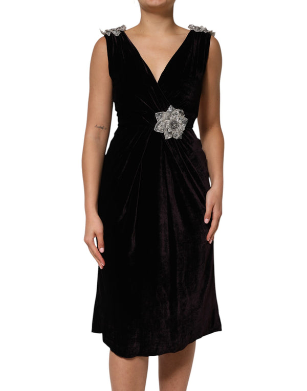 Dolce & Gabbana Black Velvet Flower Embellishment Aline Dress