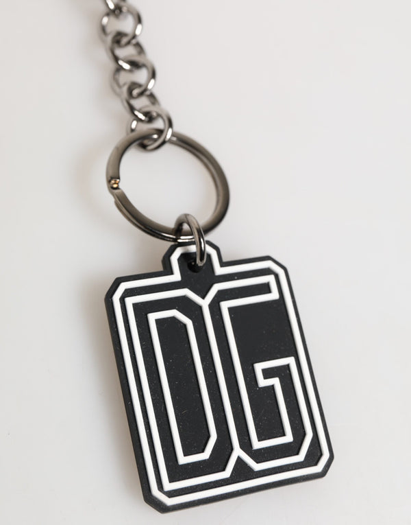 Dolce & Gabbana Black White DG Rubber Logo Silver Men Keychain Keyring