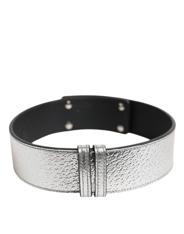 Dolce & Gabbana Silver Textured Leather Gold Tone Metal Neckband