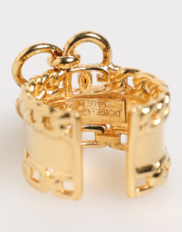 Dolce & Gabbana Gold Tone Brass Logo Chain Clear Crystals Adjustable Ring