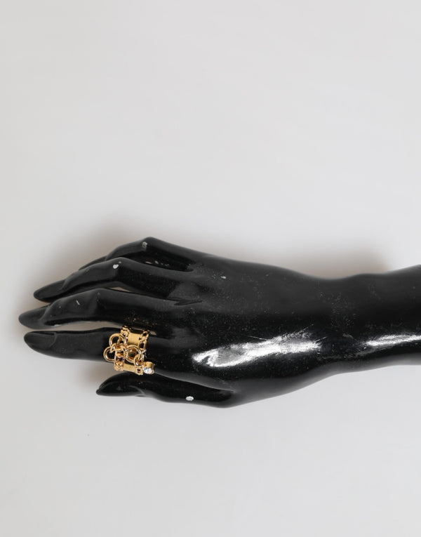 Dolce & Gabbana Gold Tone Brass Logo Chain Clear Crystals Adjustable Ring