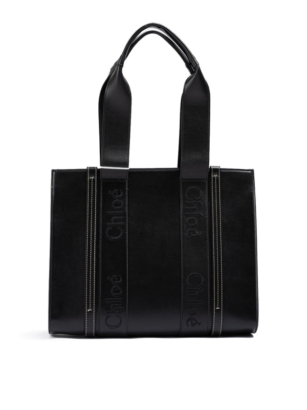 Chloé Black Woody Embroidered Logo Leather Medium Tote Bag
