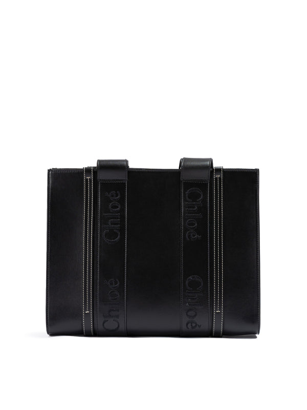 Chloé Black Woody Embroidered Logo Leather Medium Tote Bag