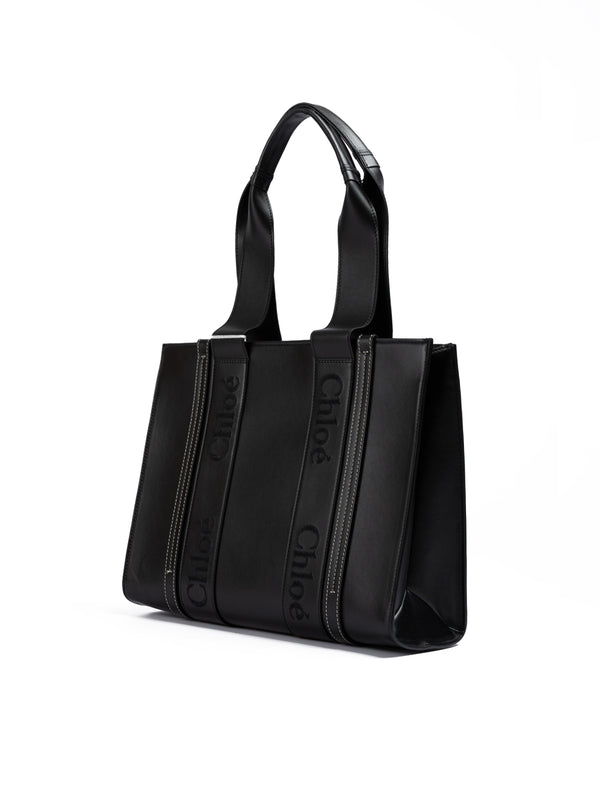 Chloé Black Woody Embroidered Logo Leather Medium Tote Bag