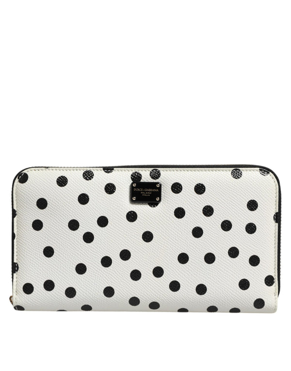 Dolce & Gabbana White Black Dotted Leather Zip Around Continental Wallet