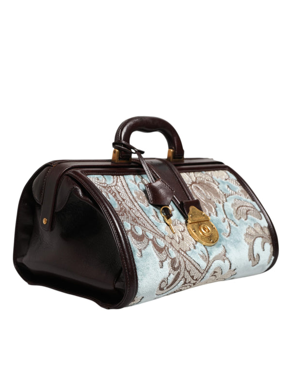 Dolce & Gabbana Blue Brown Leather Floral Jacquard Travel Handbag Bag