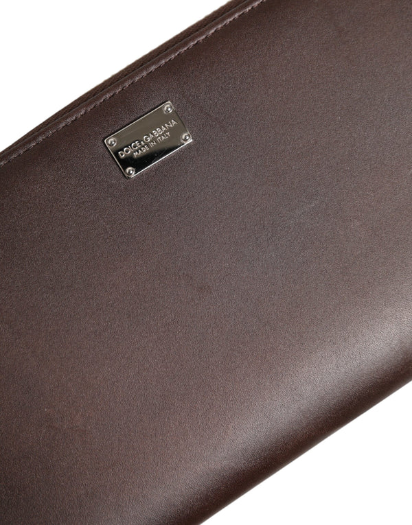 Dolce & Gabbana Brown Calfskin Leather Logo Zip Around Continental Wallet