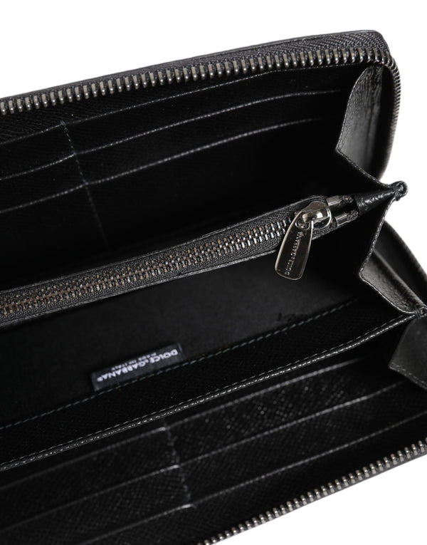 Dolce & Gabbana Black Gray Leopard Leather Zip Around Continental Wallet