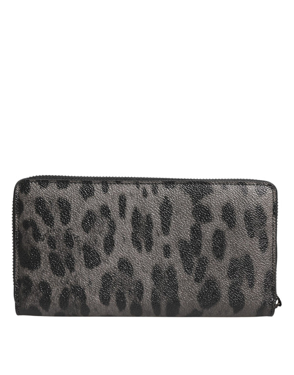 Dolce & Gabbana Black Gray Leopard Leather Zip Around Continental Wallet