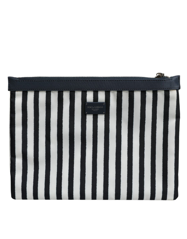 Dolce & Gabbana Black White Striped Logo Plaque Clutch Pouch Bag