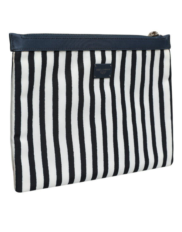 Dolce & Gabbana Black White Striped Logo Plaque Clutch Pouch Bag