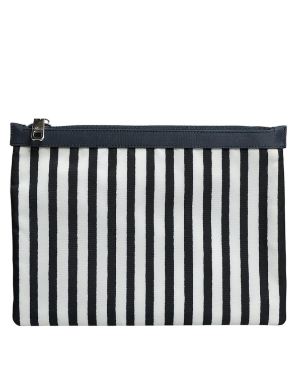 Dolce & Gabbana Black White Striped Logo Plaque Clutch Pouch Bag