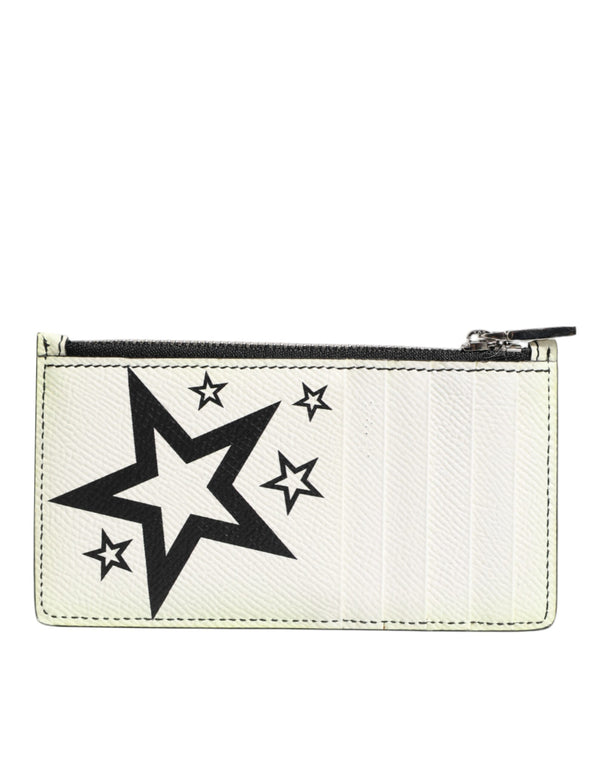 Dolce & Gabbana White Leather Douphin DG Logo Star Print Card Holder Wallet