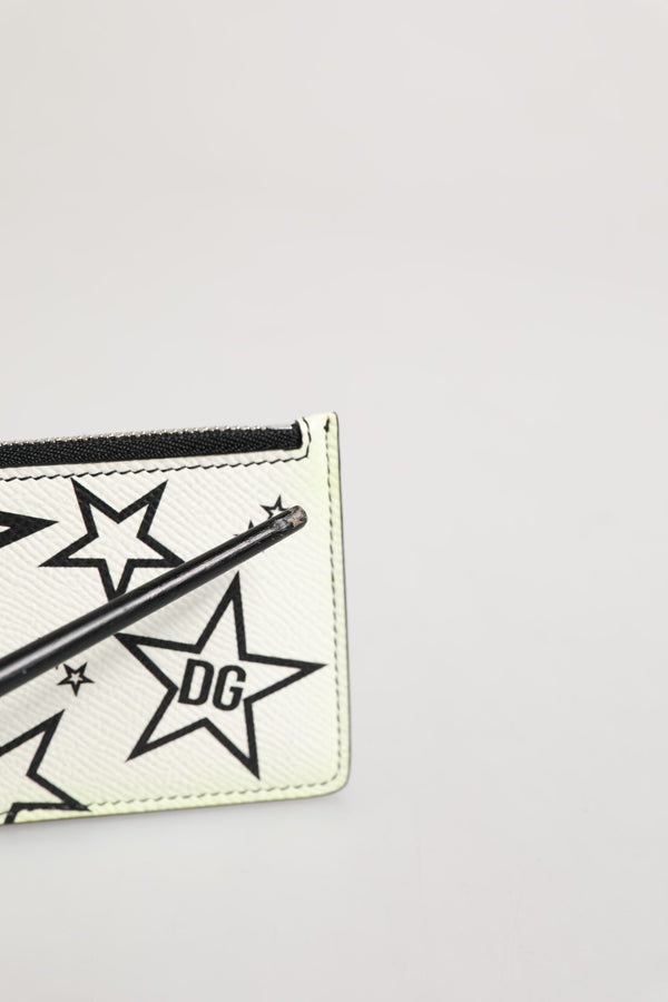 Dolce & Gabbana White Leather Douphin DG Logo Star Print Card Holder Wallet