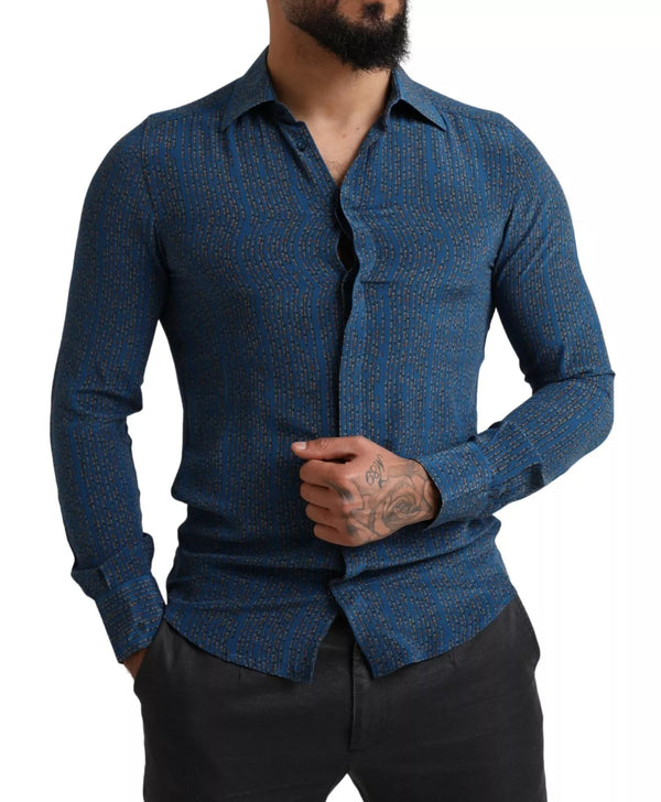 Dolce & Gabbana Blue MARTINI Silk Slim Fit Long Sleeves Shirt