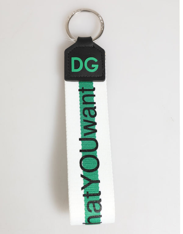 Dolce & Gabbana Green Logo Polyester Silver Brass Holder Keychain Keyring