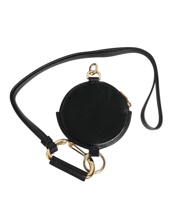 Dolce & Gabbana Black Round Leather DG Logo Coin Purse Lanyard Wallet