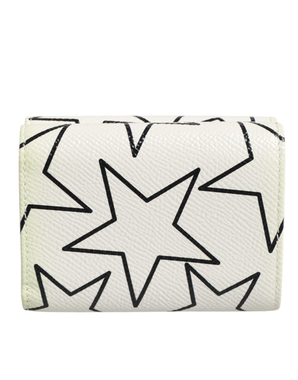 Dolce & Gabbana White Leather Trifold DG Star Print Card Holder Wallet