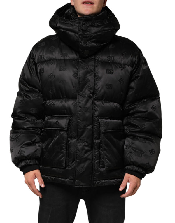Dolce & Gabbana Black Monogram Logo Puffer Nylon Hooded Jacket