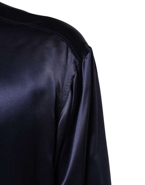 Dolce & Gabbana Navy Silk Long Sleeve Mandarin Collar Shirt